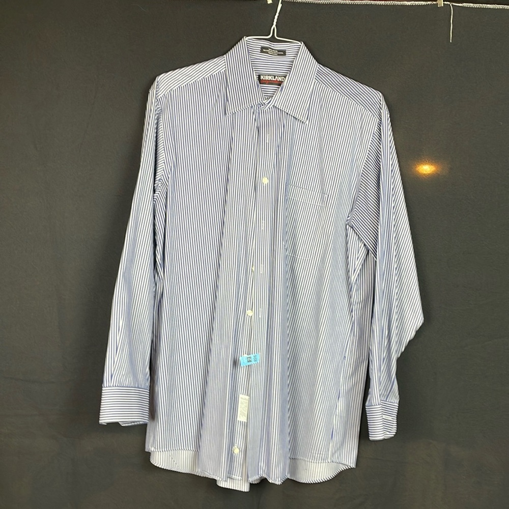 Kirkland navy and white stripe button down dress shirt